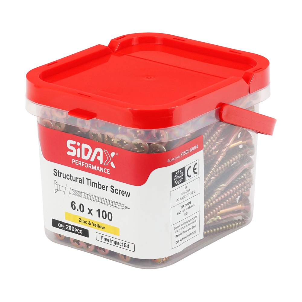 Structural Timber Screws | PoziDrive | Double Countersunk with Ribs | Zinc and Yellow | Free impact Bit