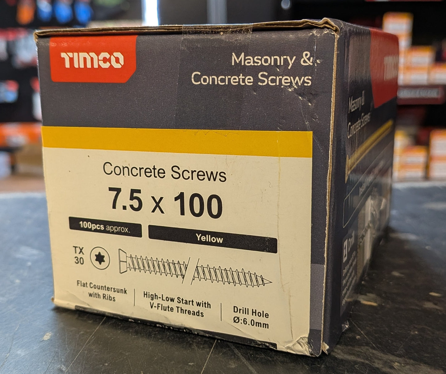 Concrete Screws - TX - Flat Countersunk - Yellow x 100 Pieces (x1 TX30 Power Bit Included)