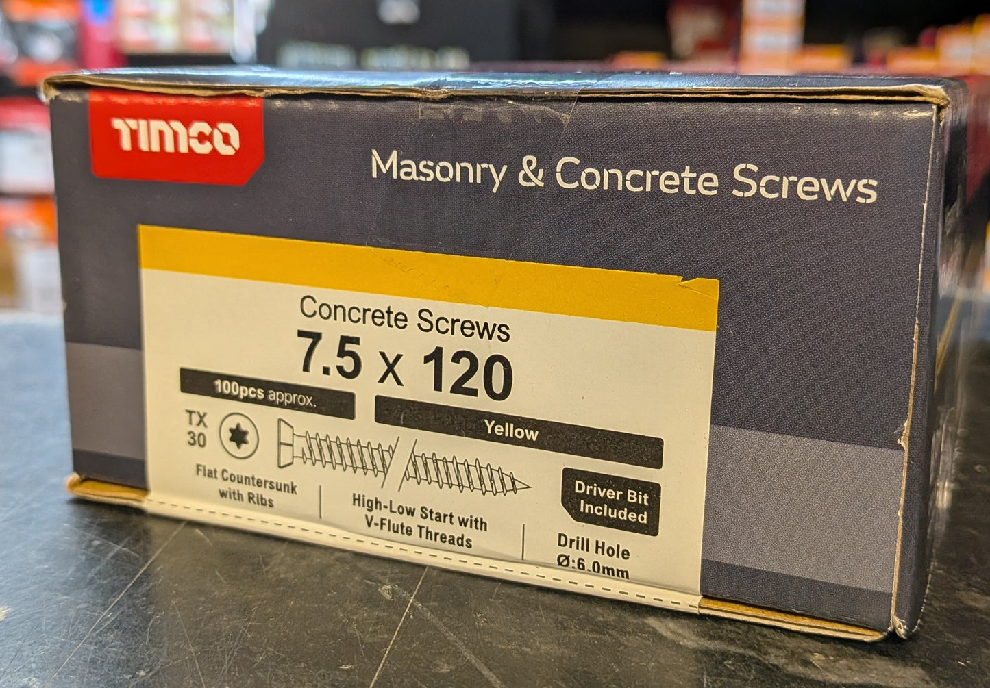 Concrete Screws - TX - Flat Countersunk - Yellow x 100 Pieces (x1 TX30 Power Bit Included)