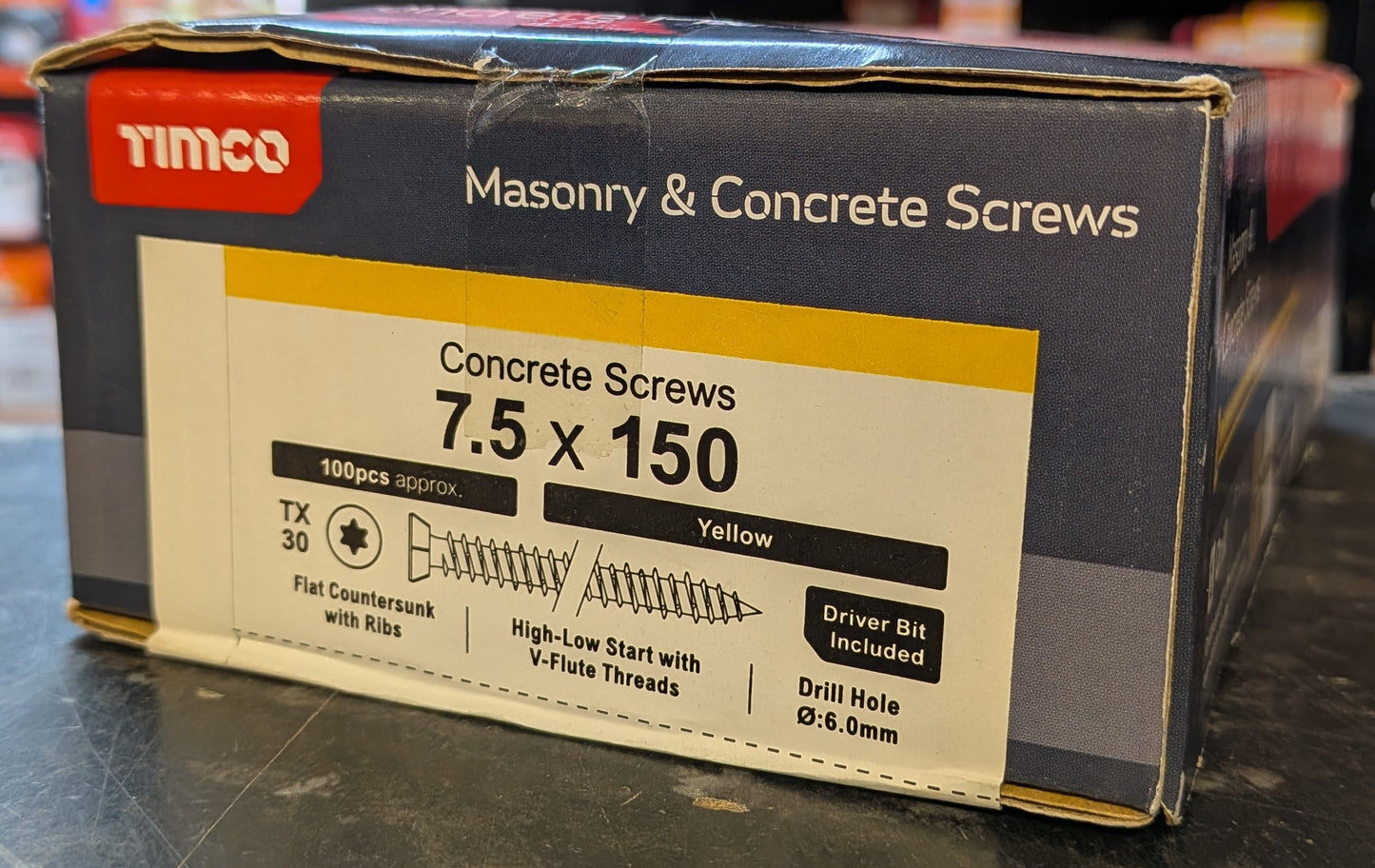 Concrete Screws - TX - Flat Countersunk - Yellow x 100 Pieces (x1 TX30 Power Bit Included)
