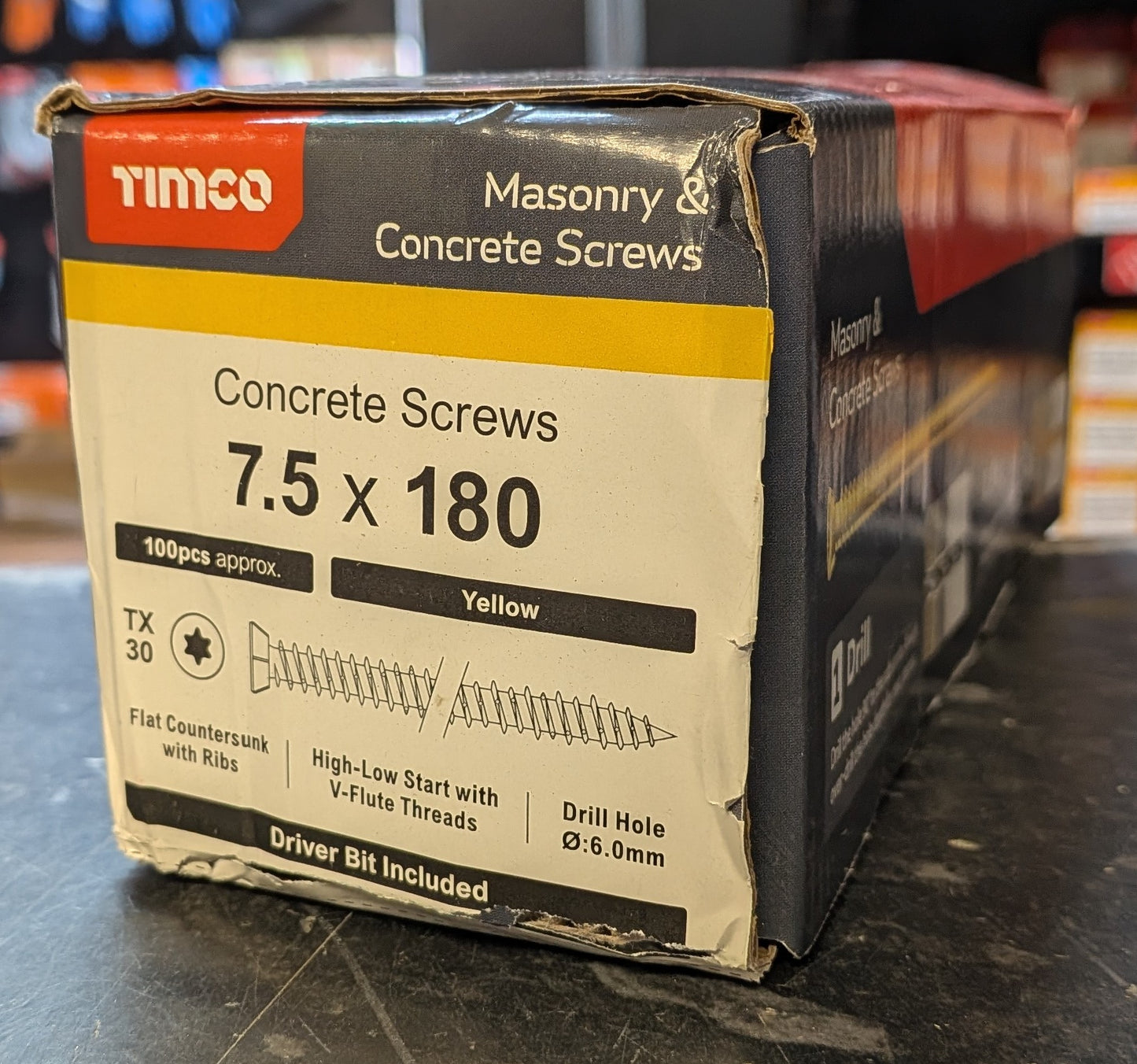 Concrete Screws - TX - Flat Countersunk - Yellow x 100 Pieces (x1 TX30 Power Bit Included)