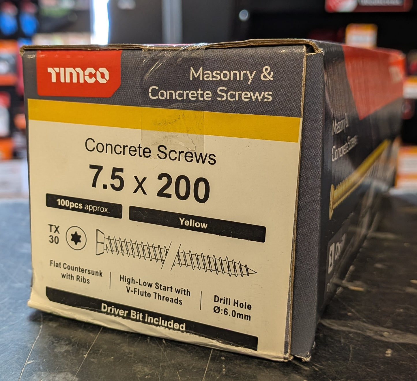 Concrete Screws - TX - Flat Countersunk - Yellow x 100 Pieces (x1 TX30 Power Bit Included)