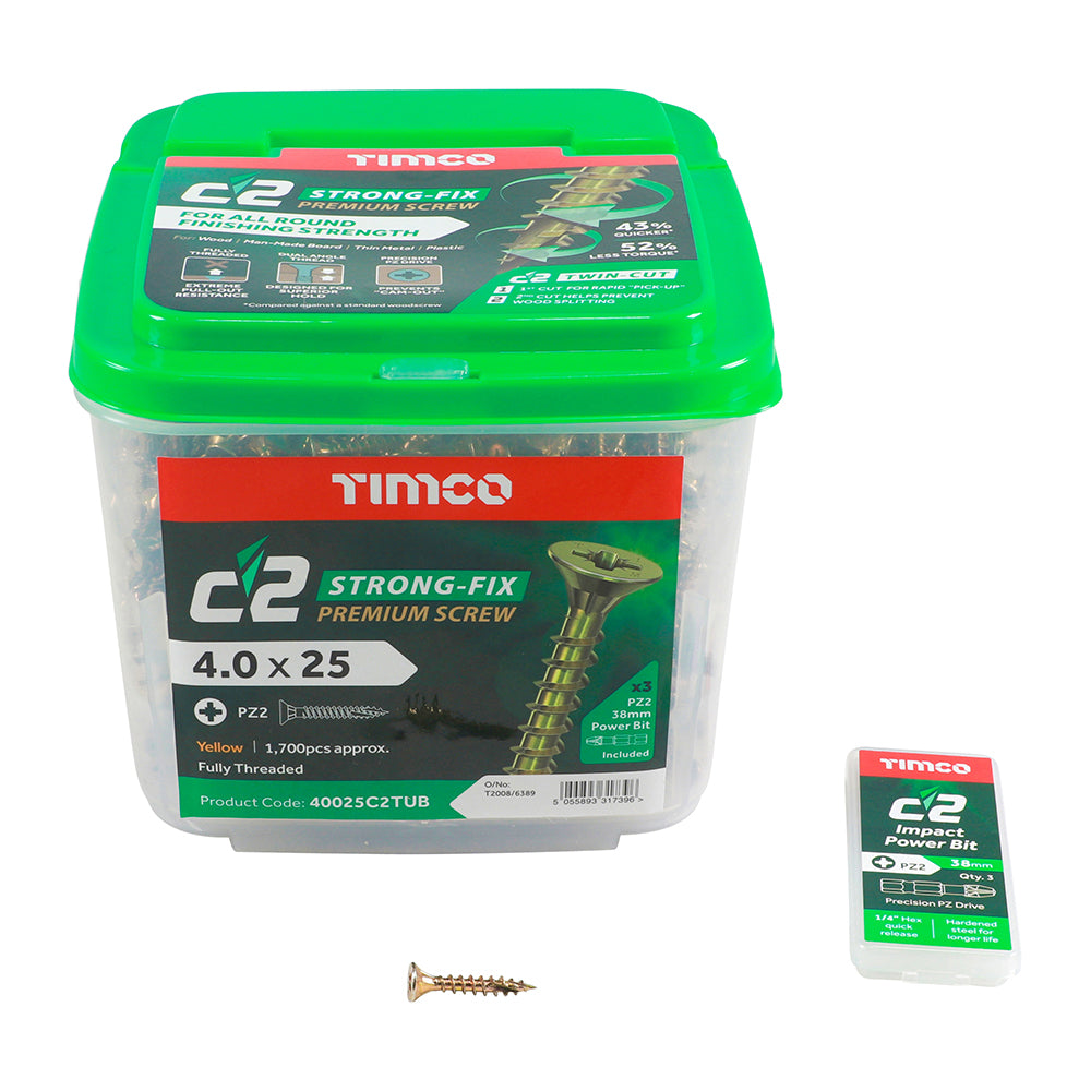 C2 Strong-Fix - PZ - Double Countersunk - Twin-Cut - Yellow - Tub (x 3 PZ2 38mm Power Bit Included)