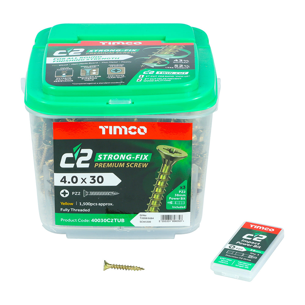 C2 Strong-Fix - PZ - Double Countersunk - Twin-Cut - Yellow - Tub (x 3 PZ2 38mm Power Bit Included)