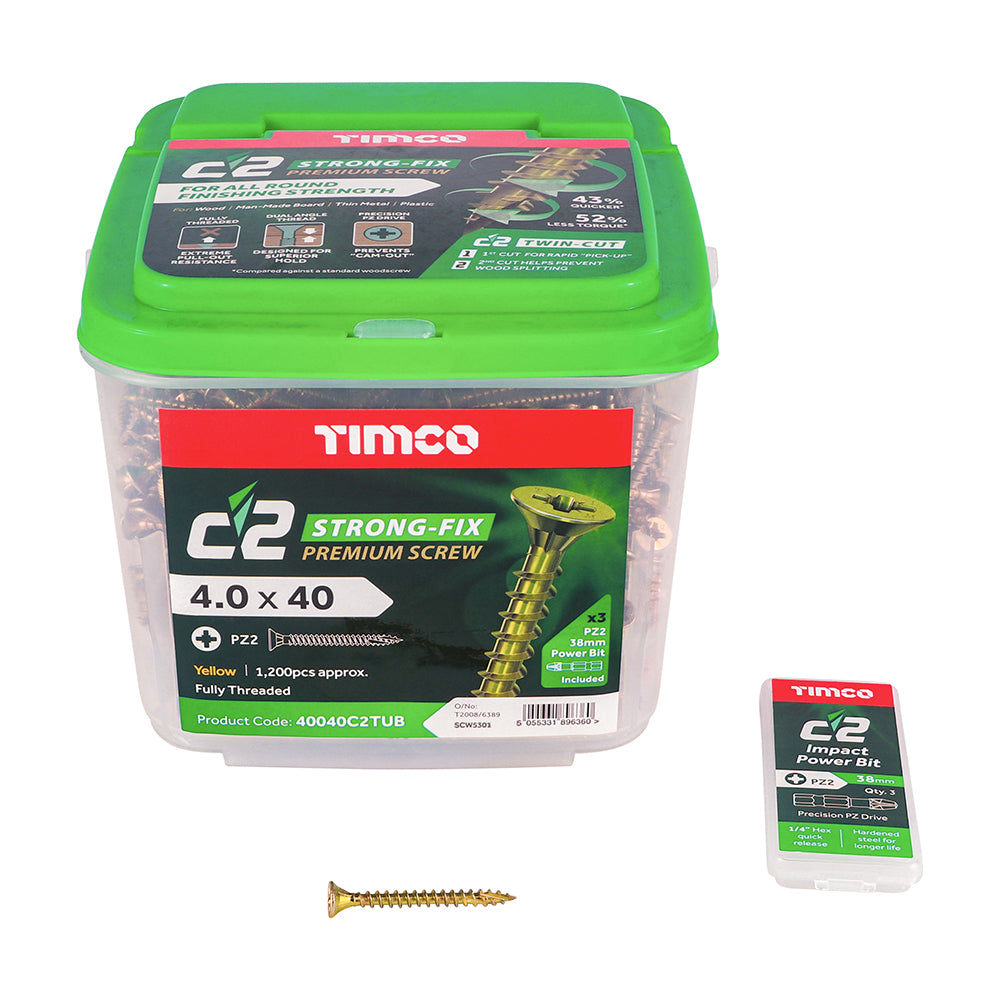 C2 Strong-Fix - PZ - Double Countersunk - Twin-Cut - Yellow - Tub (x 3 PZ2 38mm Power Bit Included)
