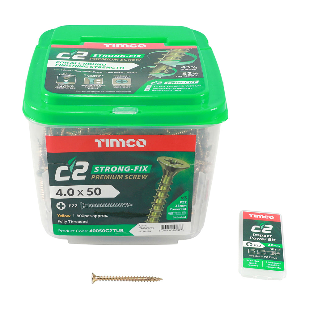 C2 Strong-Fix - PZ - Double Countersunk - Twin-Cut - Yellow - Tub (x 3 PZ2 38mm Power Bit Included)