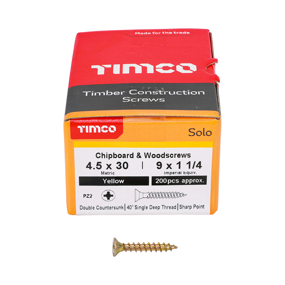 Solo Chipboard & Woodscrews - PZ - Double Countersunk - Yellow