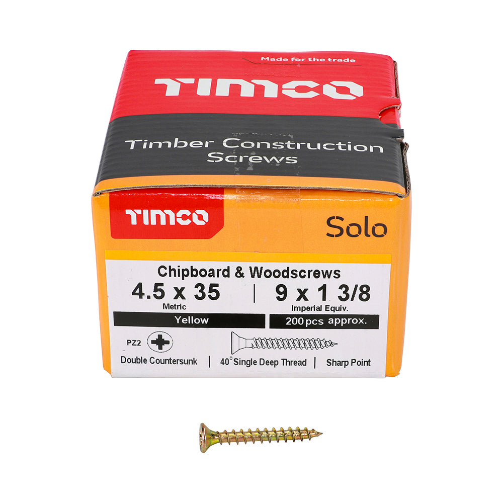 Solo Chipboard & Woodscrews - PZ - Double Countersunk - Yellow