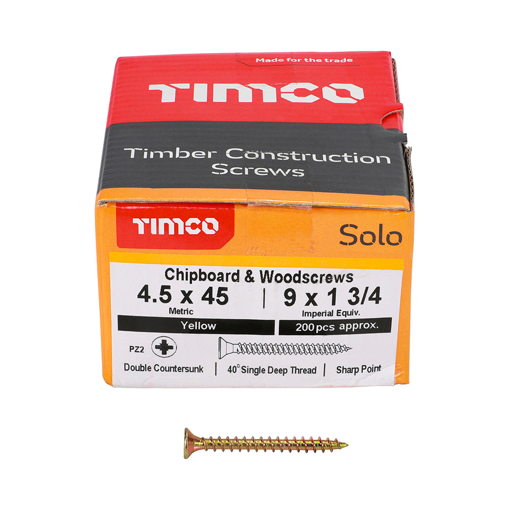 Solo Chipboard & Woodscrews - PZ - Double Countersunk - Yellow