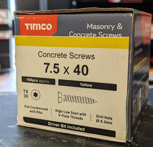 Concrete Screws - TX - Flat Countersunk - Yellow x 100 Pieces (x1 TX30 Power Bit Included)