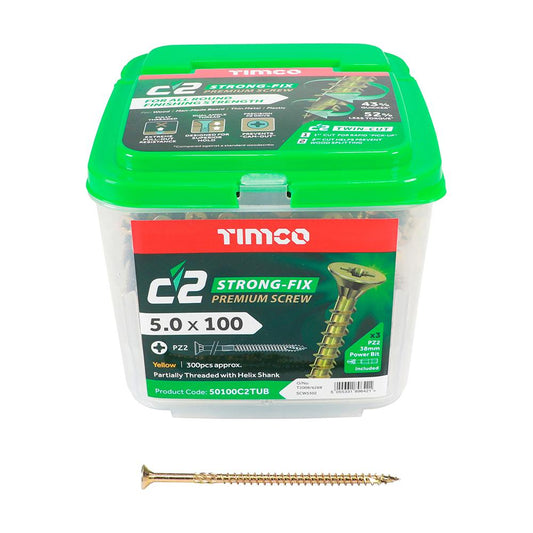 C2 Strong-Fix - PZ - Double Countersunk - Twin-Cut - Yellow - Tub (x 3 PZ2 38mm Power Bit Included)