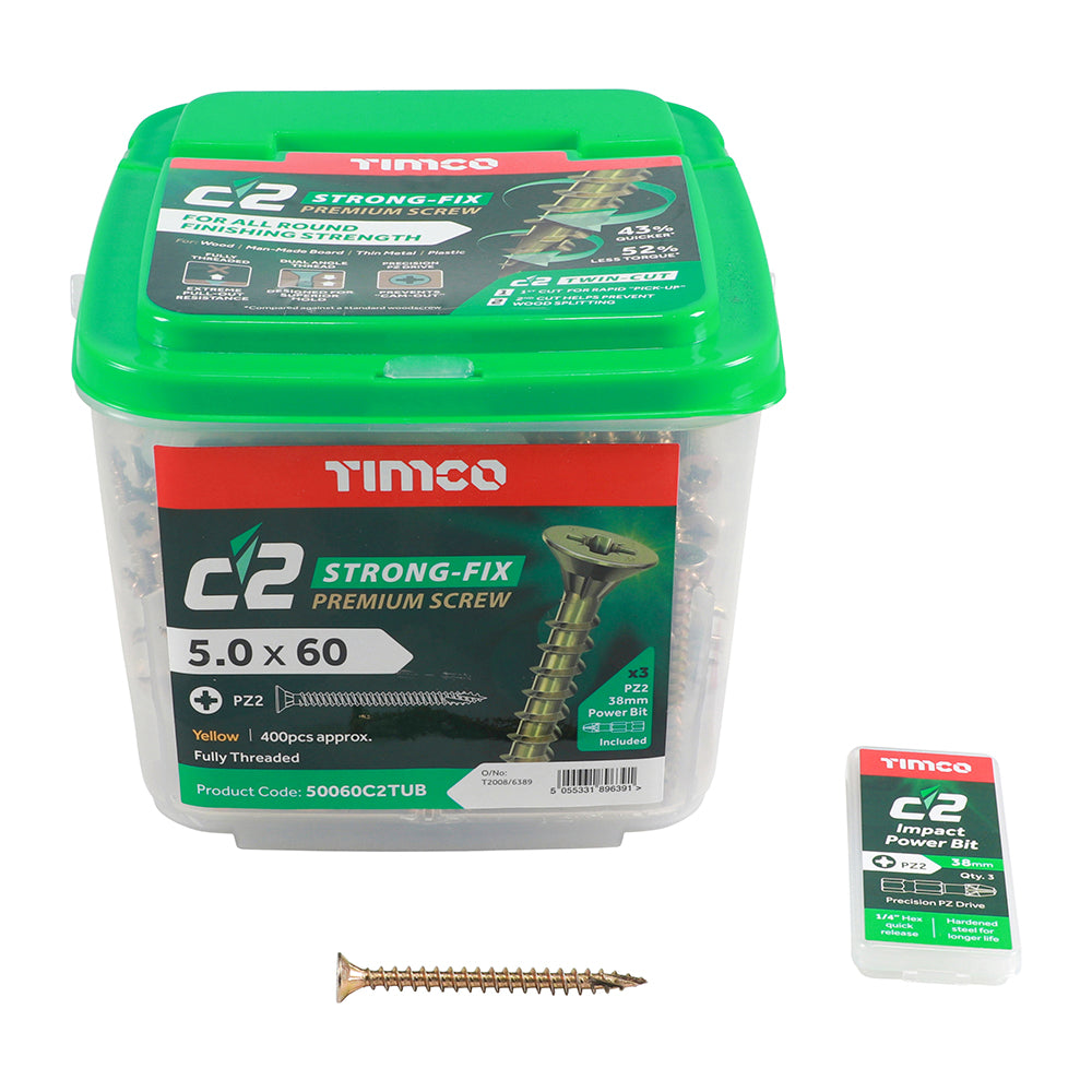C2 Strong-Fix - PZ - Double Countersunk - Twin-Cut - Yellow - Tub (x 3 PZ2 38mm Power Bit Included)