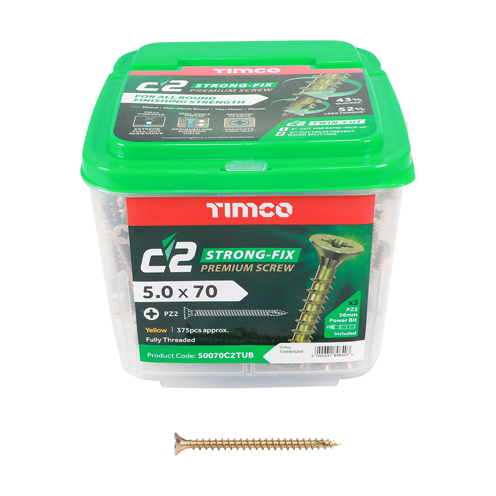 C2 Strong-Fix - PZ - Double Countersunk - Twin-Cut - Yellow - Tub (x 3 PZ2 38mm Power Bit Included)