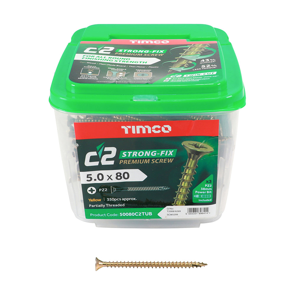 C2 Strong-Fix - PZ - Double Countersunk - Twin-Cut - Yellow - Tub (x 3 PZ2 38mm Power Bit Included)