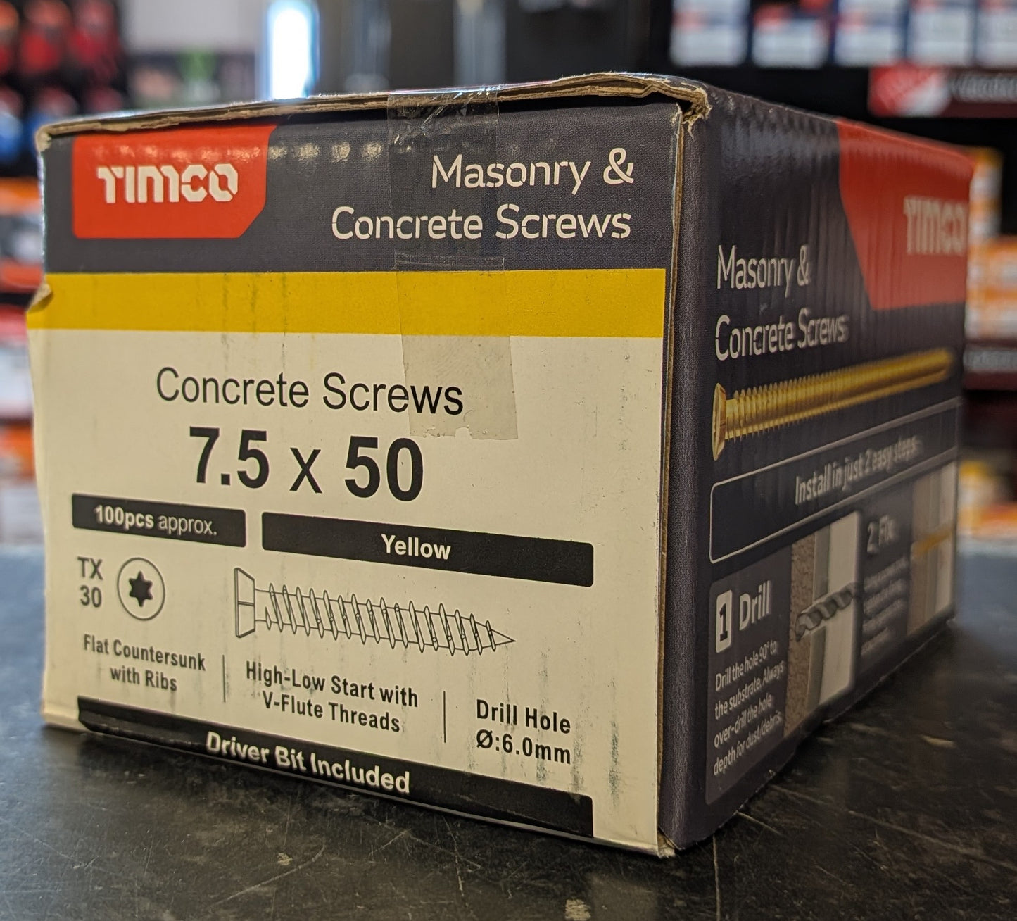 Concrete Screws - TX - Flat Countersunk - Yellow x 100 Pieces (x1 TX30 Power Bit Included)