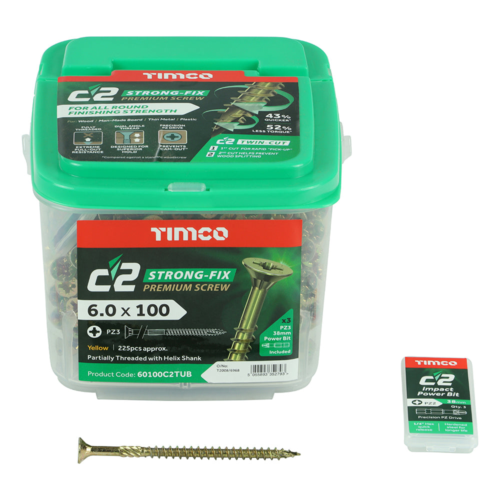 C2 Strong-Fix - PZ - Double Countersunk - Twin-Cut - Yellow - Tub (x 3 PZ2 38mm Power Bit Included)