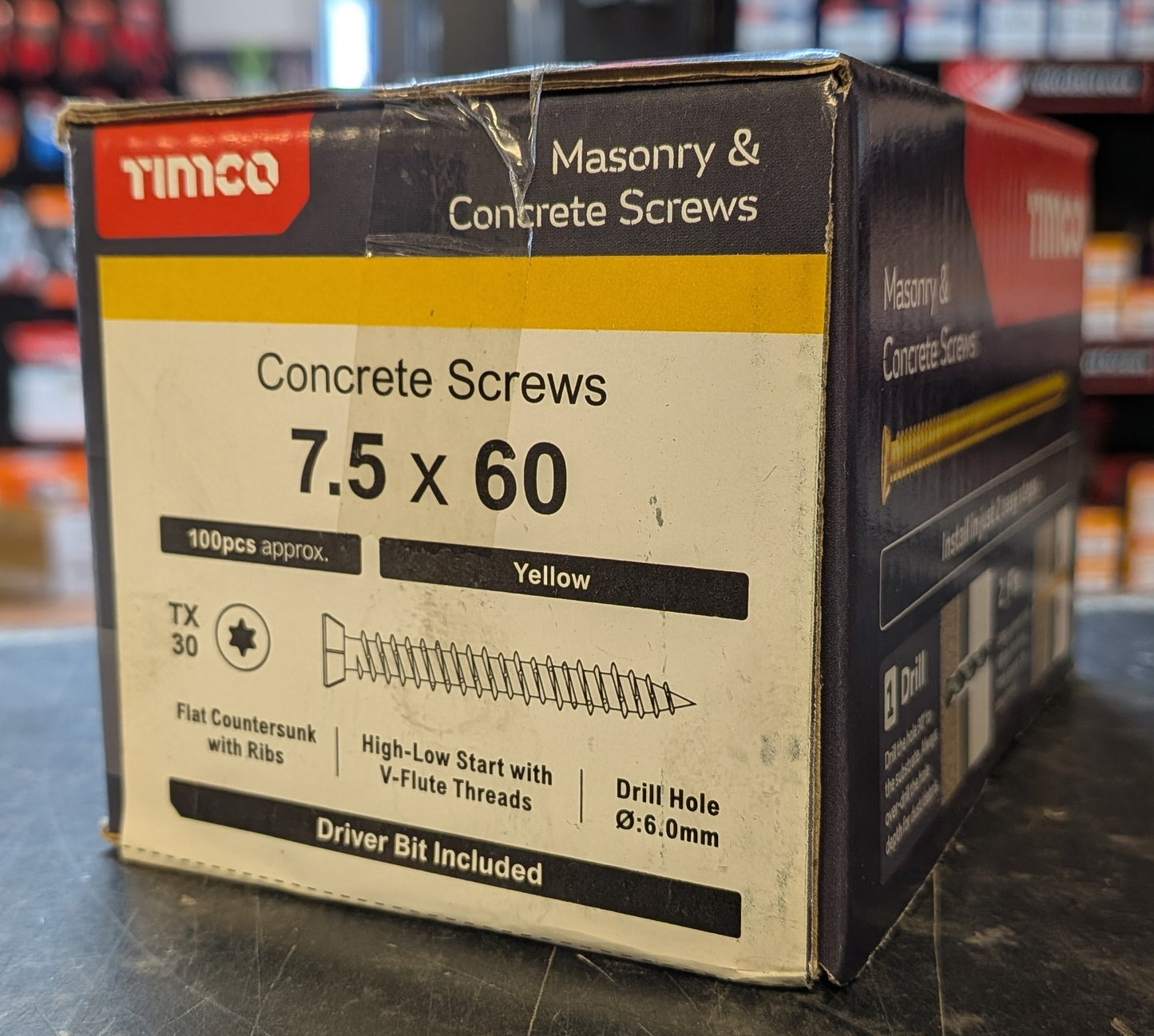 Concrete Screws - TX - Flat Countersunk - Yellow x 100 Pieces (x1 TX30 Power Bit Included)