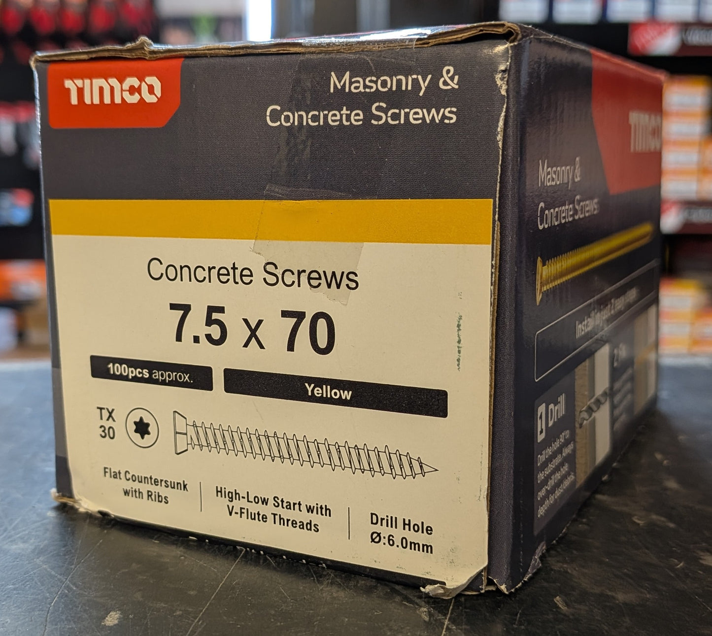 Concrete Screws - TX - Flat Countersunk - Yellow x 100 Pieces (x1 TX30 Power Bit Included)
