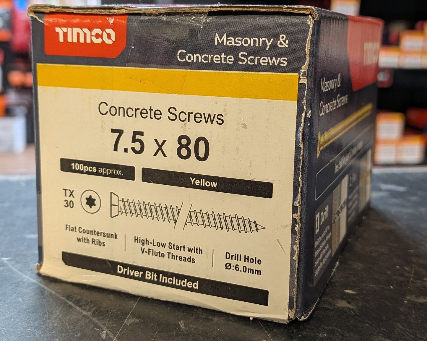 Concrete Screws - TX - Flat Countersunk - Yellow x 100 Pieces (x1 TX30 Power Bit Included)
