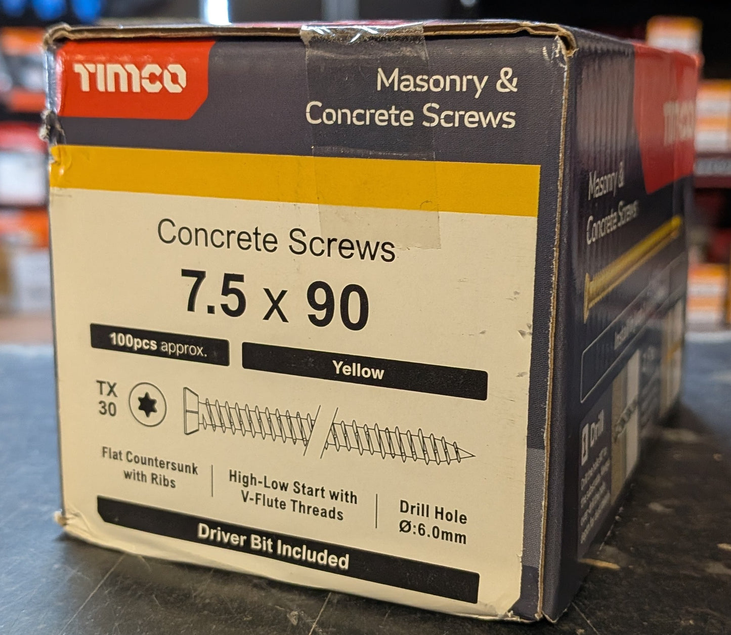 Concrete Screws - TX - Flat Countersunk - Yellow x 100 Pieces (x1 TX30 Power Bit Included)
