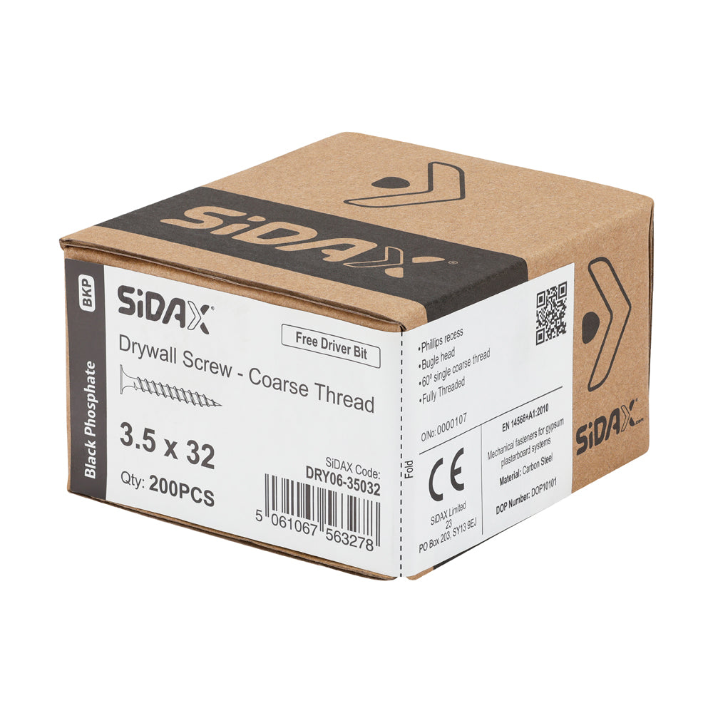 Drywall Screws | Coarse Thread | Phillips PH2 | Bugle Head | Black Phosphate | Free Driver Bit
