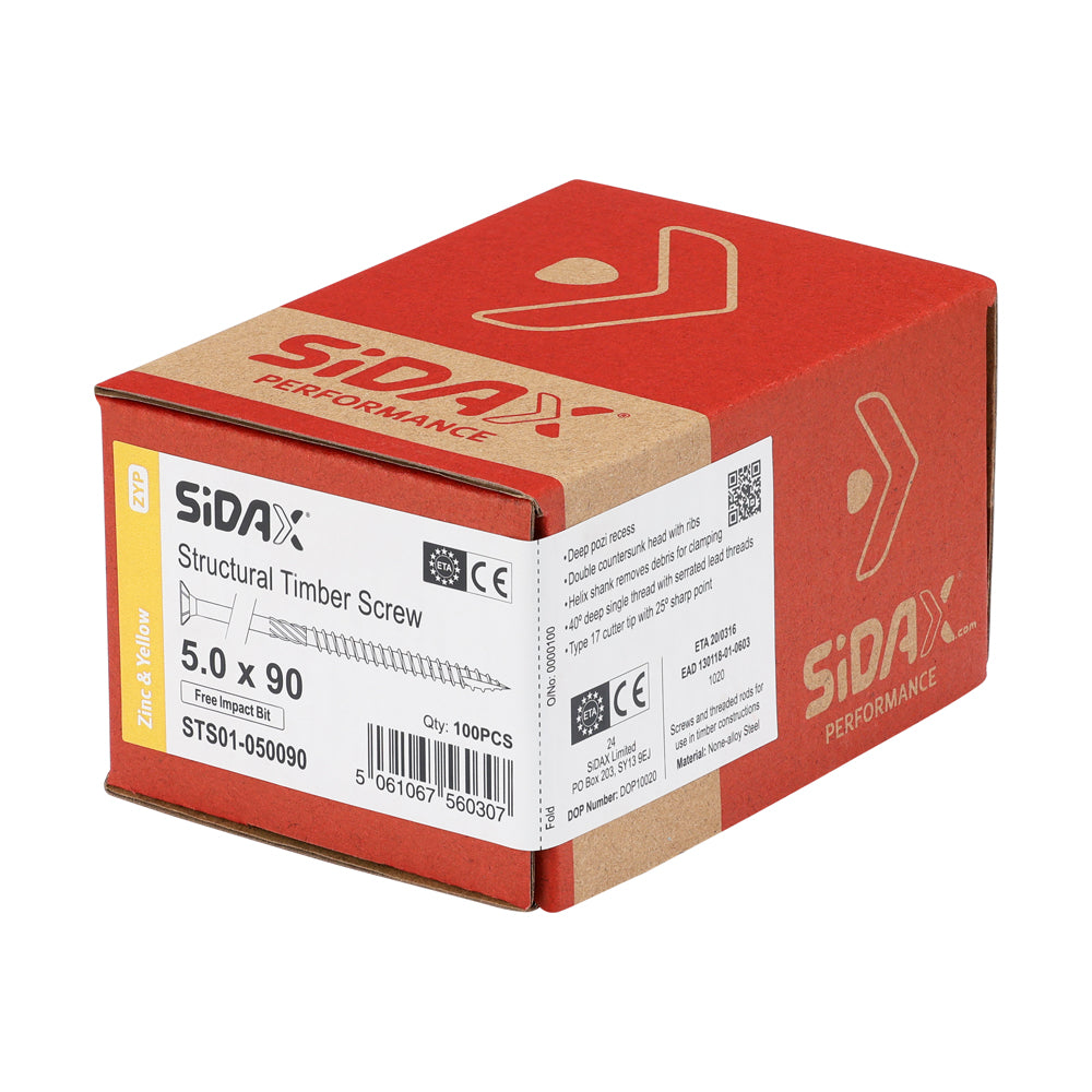 Structural Timber Screws | PoziDrive | Double Countersunk with Ribs | Zinc and Yellow - Free Impact Bit included