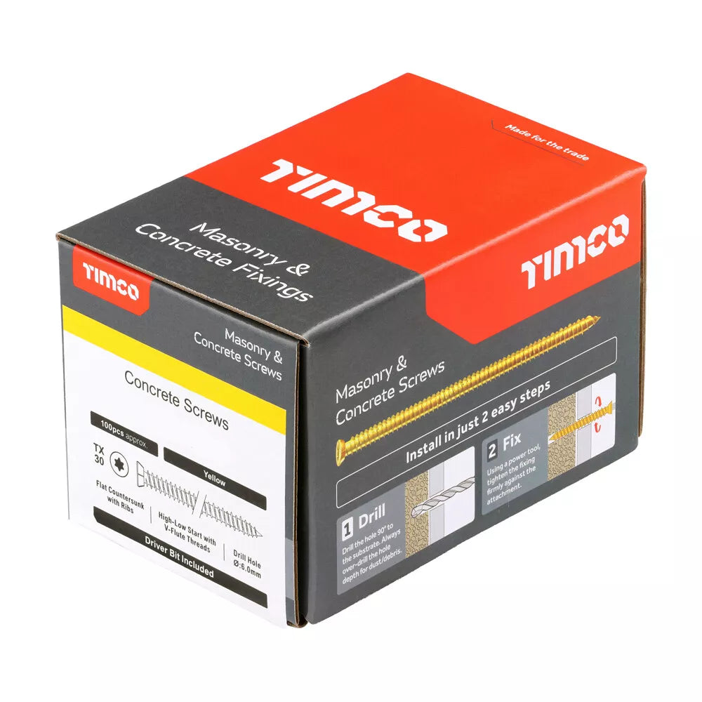 Concrete Screws - TX - Flat Countersunk - Yellow x 100 Pieces (x1 TX30 Power Bit Included)